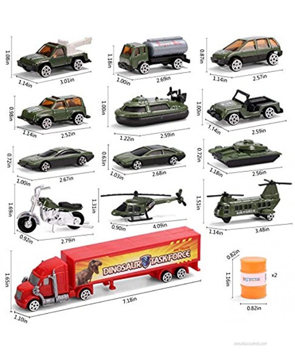 JOYIN Dinosaur Carrier Truck with 12 Dinosaurs and 13 Vehicles Dino Park Pretend Play Toy with Military Vehicle Tanks Helicopter Dinosaur Figures