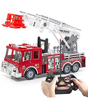 Prextex 13'' Rescue R c Fire Engine Truck Remote Control Fire Truck Best Gift Toy for Boys with Lights Siren and Extending Ladder