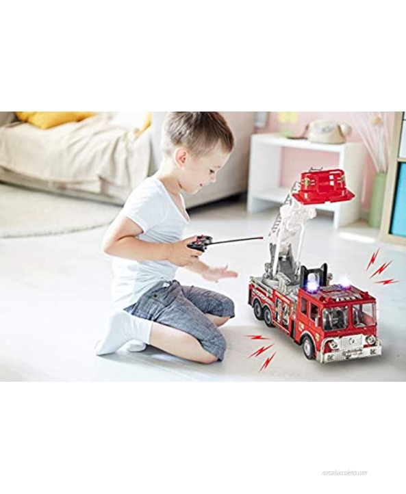 Prextex 13'' Rescue R c Fire Engine Truck Remote Control Fire Truck Best Gift Toy for Boys with Lights Siren and Extending Ladder