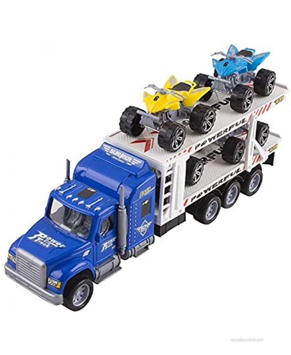 Vokodo Toy Semi Truck Trailer 15 Includes 4 ATVs Friction Carrier Hauler Kids Push And Go Big Rig Auto Transporter Vehicle Semi-Truck Car Pretend Play Perfect Gift For Children Boys Girls Toddlers
