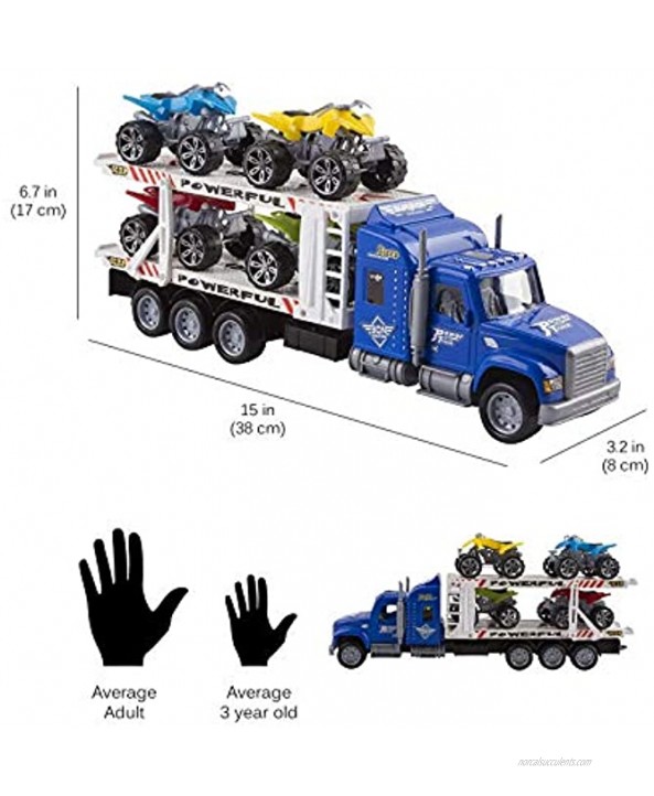 Vokodo Toy Semi Truck Trailer 15 Includes 4 ATVs Friction Carrier Hauler Kids Push And Go Big Rig Auto Transporter Vehicle Semi-Truck Car Pretend Play Perfect Gift For Children Boys Girls Toddlers