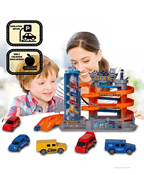 4-Level Garage Toy Set Car Vehicle Building Parking Lot Race Tracks with 6 Pcs Diecast Metal Cars Durable Garage Playset for Boys Kids Toddler