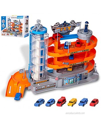 4-Level Garage Toy Set Car Vehicle Building Parking Lot Race Tracks with 6 Pcs Diecast Metal Cars Durable Garage Playset for Boys Kids Toddler