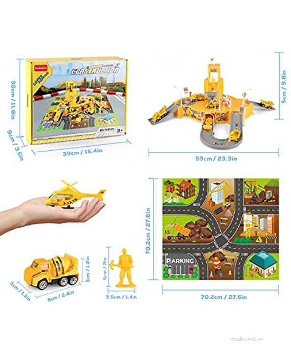 Construction Vehicles Truck Toy Set Mini Engineering Construction Truck Car Track Parking Lot with Play Mat Helicopter Excavator Car Garage Toys Gifts for Boys Kids Girls 3 4 5 6 Years Old