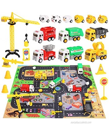 Engineering Construction Vehicles Toy with Play Mat Toy Trucks Playset Dump Truck Excavator Garbage Truck Tanker Fire Engines & Mini Animal Pull Back Cars Toy Gift for Toddlers Kids Boys Girls