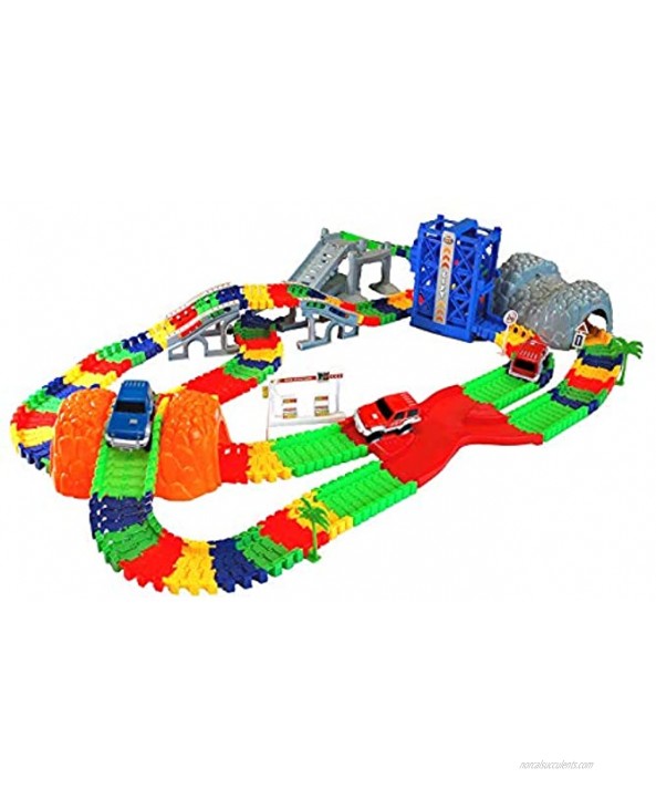 MMP Living Super Snap Speedway Deluxe Bend and Flex Track Set with 3 Electric Cars Tunnels Bridge Elevator ramp Track Merge and Accessories Over 300 Pieces