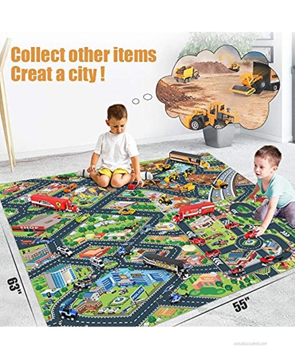 OENUX Construction Toys Trucks & Play Mat Carrier Truck with Diecast Alloy Excavator,Tractor,Dump Truck,Road Roller,Bulldozer,Forklift,Engineering Toy Vehicles with Road Signs for Kids Boys Girls