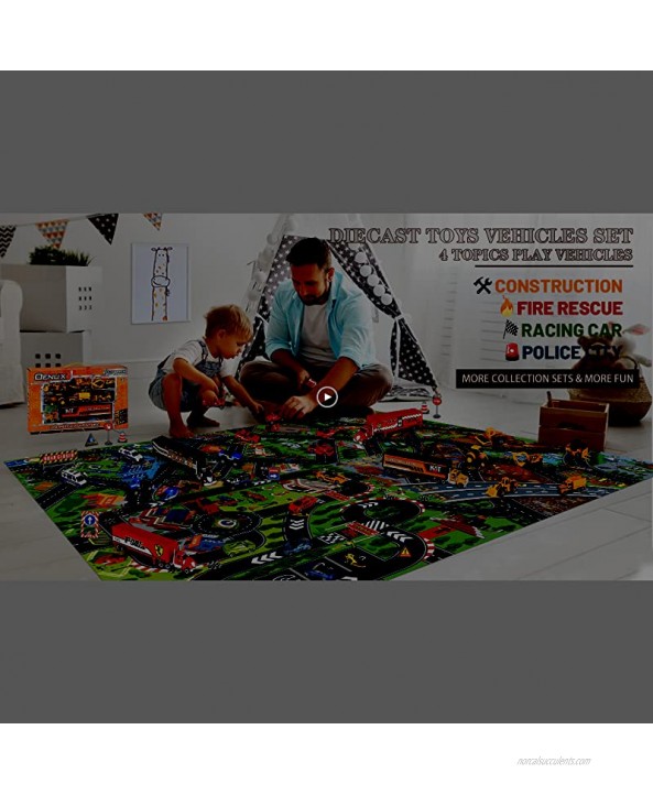 OENUX Construction Toys Trucks & Play Mat Carrier Truck with Diecast Alloy Excavator,Tractor,Dump Truck,Road Roller,Bulldozer,Forklift,Engineering Toy Vehicles with Road Signs for Kids Boys Girls