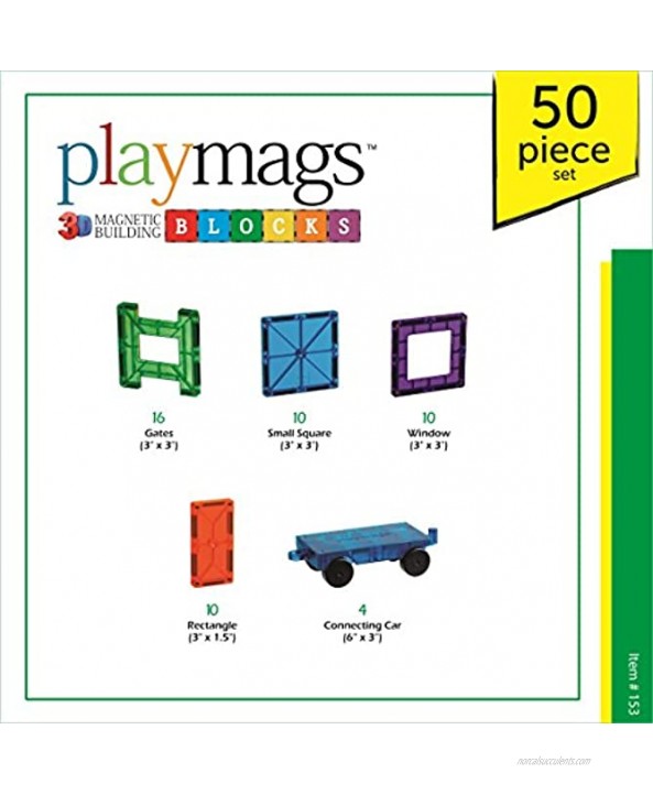 Playmags 50 Piece Accessory Set with Stronger Magnets STEM Toys for Kids Sturdy Super Durable Magnetic Tiles with Vivid Clear Color Tiles with 4 Cars
