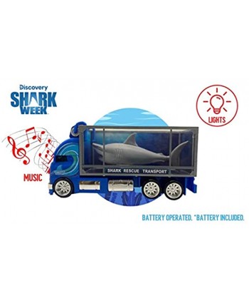 SHARK WEEK Discovery Rescue Transport Truck Toy Playset for Kids Includes Moving Toy Truck with Lights and Sounds Great White Shark Tank Hand Painted Realistic Eco Friendly Officially Licensed