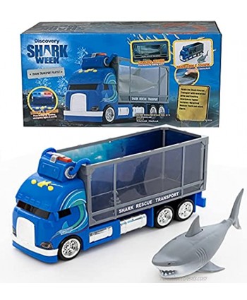 SHARK WEEK Discovery Rescue Transport Truck Toy Playset for Kids Includes Moving Toy Truck with Lights and Sounds Great White Shark Tank Hand Painted Realistic Eco Friendly Officially Licensed