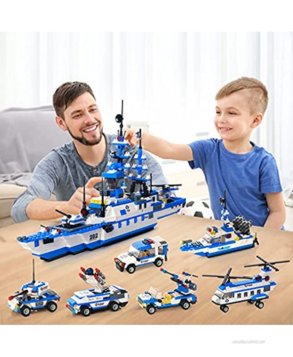 1169 Pieces City Police Station Building Kit 6 in 1 Military Battleship Building Toy with Cop Car Patrol Boat Helicopter Best Learning Roleplay STEM Construction Toys Gift for Boys and Girls 6-12