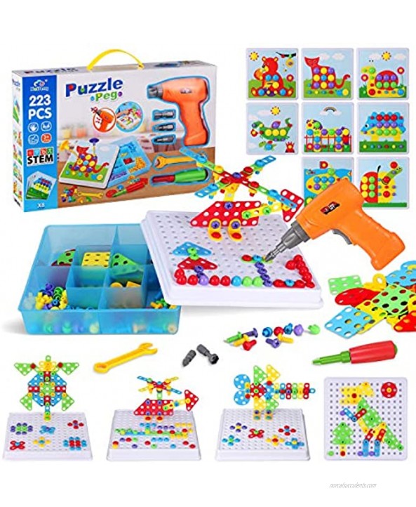 223 Pieces Creative Mosaic Drill Set for Kids Toy Drill and Screwdriver Puzzle Kit STEM Engineering Education Learning Building Block Toys Game Activities Center for Kids Ages 3-10 Years Old