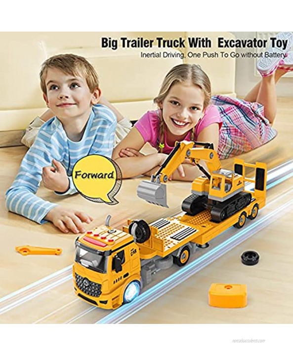 Building Construction Trailer Truck & Excavator Toys for 3 4 5 6 Years Old Toddlers Kids Boys Girls 108PCS Building Block Toy Set with Electric Drill STEM Take Apart Vehicles Gift with Sound & Light