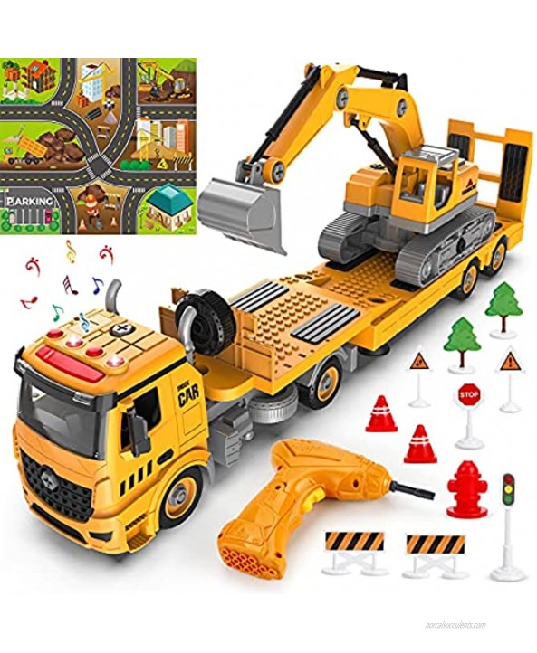 Building Construction Trailer Truck & Excavator Toys for 3 4 5 6 Years Old Toddlers Kids Boys Girls 108PCS Building Block Toy Set with Electric Drill STEM Take Apart Vehicles Gift with Sound & Light