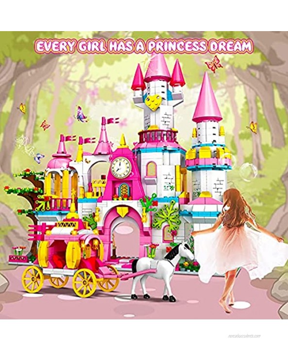 HOGOKIDS Girls Castle STEM Building Toys 998 PCS Building Sets for Girls Age 6 7 8 9 10 11 12 Years Old | 5-in-1 Pink Princess Castle & Carriage Creative Building Blocks Kits Toys Gift for Kids