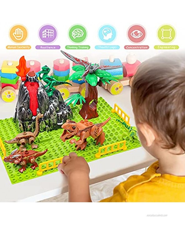Dinosaur Toys Building Toys for Kids 3 4 5 6 7 8 9+ Year Old Boy Zoo Animals Toys with 6 Realistic Dinosaur Figures DIY Dinosaur Games with Sound Spray Volcano Tree & 6 Building Blocks Baseplates