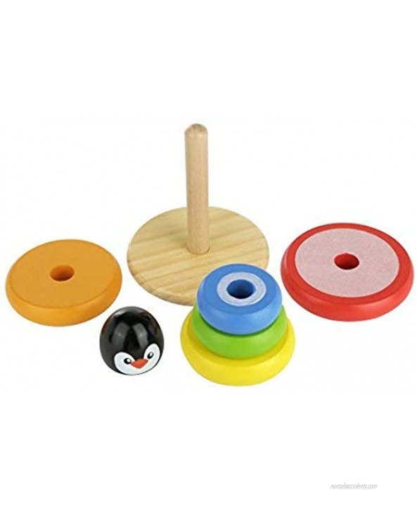 Adorable Penguin Wooden Ring Colorful Rainbow Stacker Solid Wood Educational Baby Toy for Toddler Boys and Girls Age 1 Year and Up Classic Developmental Sorting and Stacking Toy