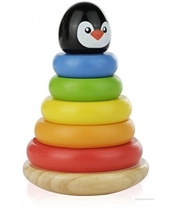 Adorable Penguin Wooden Ring Colorful Rainbow Stacker Solid Wood Educational Baby Toy for Toddler Boys and Girls Age 1 Year and Up Classic Developmental Sorting and Stacking Toy
