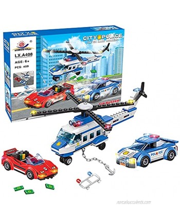 Exercise N Play City Police High-Speed Chase Building Toy with Cop Car Police Helicopter and Getaway Sports Car Cool Police Toy for Boys and Girls 6-12 409 Pieces