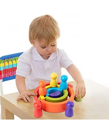 Humdax Wooden Rainbow Stacking Game for Toddlers Colorful Montessori Nesting Building Blocks with 6 Pcs Dolls Early Preschool Educational Toys for Boys and Girls