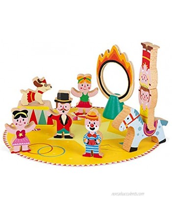 Janod Mini Story Box Toy 10 Piece Imagination and Role Playing Circus Painted Wooden People and Animal Play Set for Ages 3+ J08587