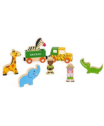 Janod Mini Story Box Toy 8 Piece Imagination and Role Playing Safari Painted Wooden People Vehicle and Animal Play Set for Ages 3+