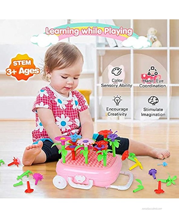 Lekebaby Flower Garden Building Toy Pretend Gardening Playset for Kids STEM Educational Toy with Storage Box Stacking Game for Toddlers Gifts for Girls and Boys Age 3+