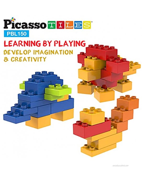 PicassoTiles 150 Piece Large Construction Brick Building Blocks STEM Bricks Toy Set Creative Learning Early Education Playset 5 Colors 4 Unique Shapes Mix & Match Toys for Kids Boys Girls Child Age 3+