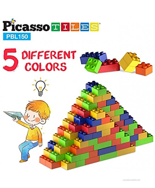PicassoTiles 150 Piece Large Construction Brick Building Blocks STEM Bricks Toy Set Creative Learning Early Education Playset 5 Colors 4 Unique Shapes Mix & Match Toys for Kids Boys Girls Child Age 3+