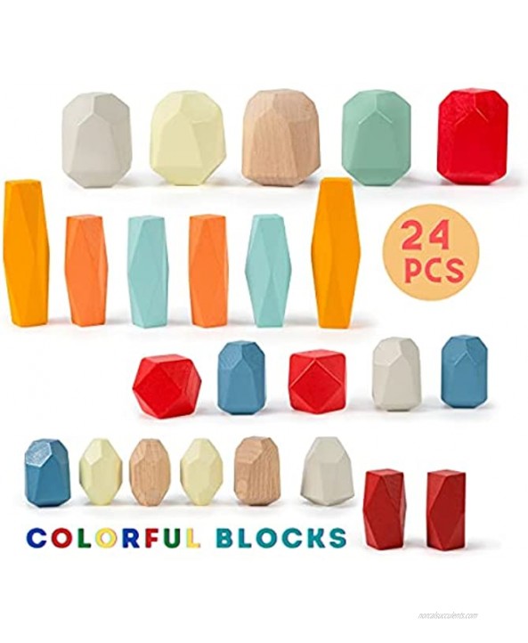 PROBLOCKS Wooden Balancing Blocks Learning Creative and Educational Toys 24 Piece of Colorful Stacking Stones Suitable for 3 Year Old Kids and Up