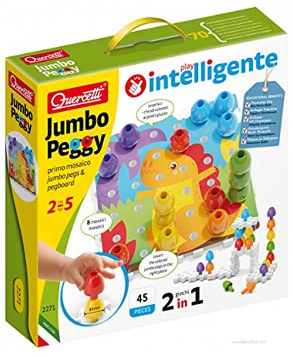 Quercetti Jumbo Peggy Medium Stacking Peg Toy with Illustrated Cards and 9 Linking Boards and 36 Pegs for Kids Ages 2 Years +