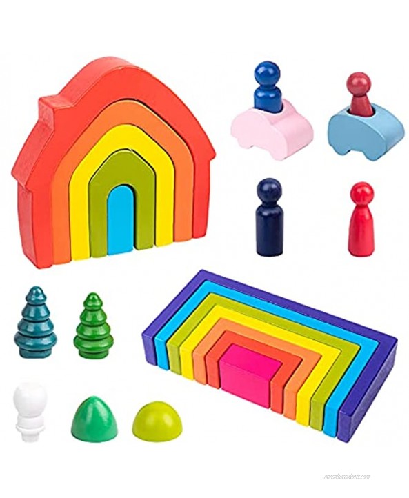 Wooden Toys Rainbow Stacking Blocks Puzzle Toddlers Age 1+ Learning Toy Montessori Geometry Building Blocks Educational Toys for Toddlers Preschool Activity Jigsaw Baby Boy and Girls Gifts