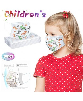 20Pcs Disposable Face Bandanas with Cute Dinosaur Pattern for Kids 3 Ply Non-Woven Fabric