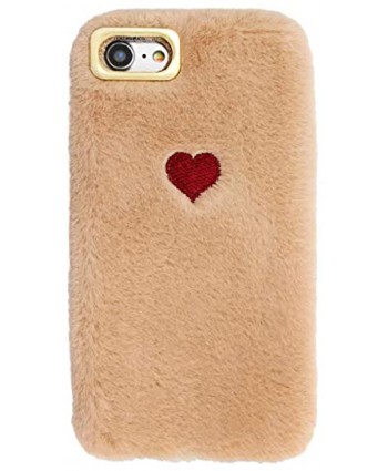 Herzzer Plush Case for iPhone X XS 5.8",Warm Winter Cute Short Fluffy Love Heart Pattern Furry Faux Fur Fabric Girly Flexible Soft Silicone Shockproof Back Cover,Khaki