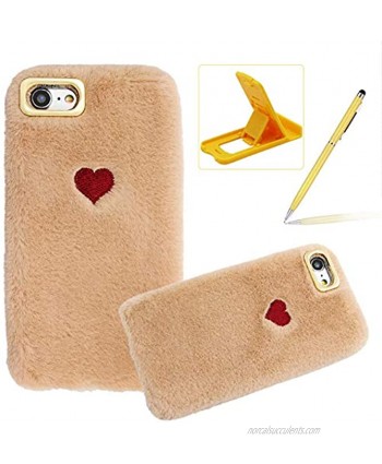 Herzzer Plush Case for iPhone X XS 5.8",Warm Winter Cute Short Fluffy Love Heart Pattern Furry Faux Fur Fabric Girly Flexible Soft Silicone Shockproof Back Cover,Khaki