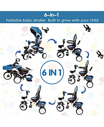 6-in-1 Baby Tricycle Kids Stroller Tricycle with Adjustable Push Handle Removable Canopy Safety Harness,Toddler Tricycle Stroller for 6 Months 5 Year Old Blue