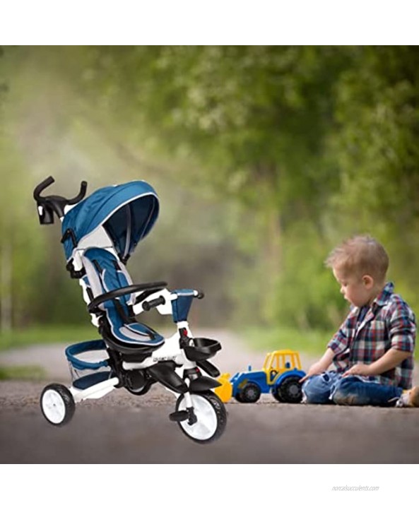 6-in-1 Baby Tricycle Kids Stroller Tricycle with Adjustable Push Handle Removable Canopy Safety Harness,Toddler Tricycle Stroller for 6 Months 5 Year Old Blue