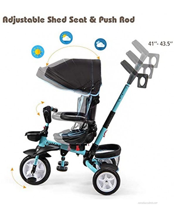BABY JOY Baby Tricycle 7-in-1 Kids Folding Steer Stroller w Rotatable Seat Adjustable Push Handle & Canopy Safety Harness Cup Holder Storage Bag Toddler Trike for 1-5 Year Old Black+Blue