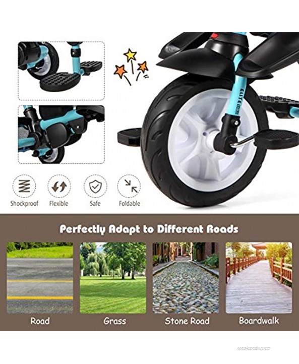 BABY JOY Baby Tricycle 7-in-1 Kids Folding Steer Stroller w Rotatable Seat Adjustable Push Handle & Canopy Safety Harness Cup Holder Storage Bag Toddler Trike for 1-5 Year Old Black+Blue