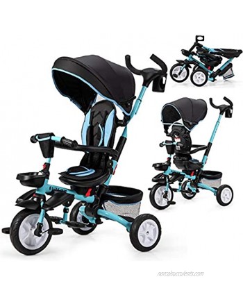 BABY JOY Baby Tricycle 7-in-1 Kids Folding Steer Stroller w  Rotatable Seat Adjustable Push Handle & Canopy Safety Harness Cup Holder Storage Bag Toddler Trike for 1-5 Year Old Black+Blue