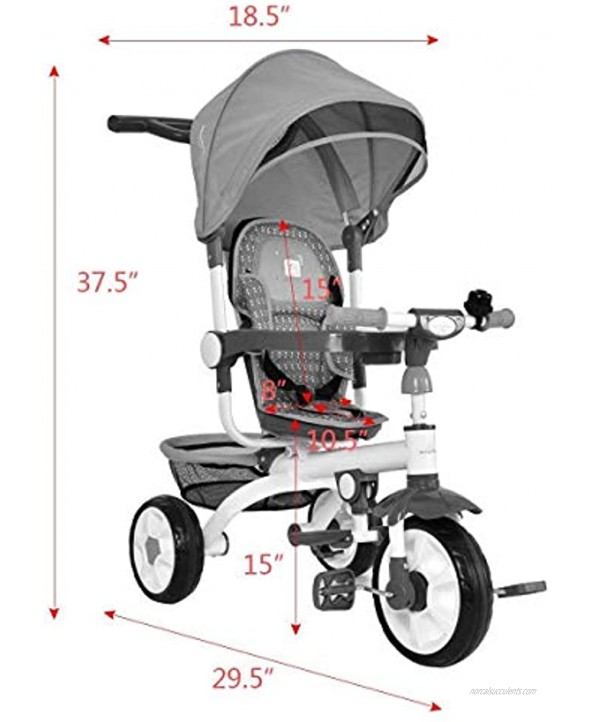 HONEY JOY Tricycle for Toddlers 4 in 1 Baby Stroll Trike w Adjustable Canopy & Storage Basket Detachable Sponge Guardrail Safety Harness Kids Tricycle with Push Handle for 1 Year Old Boy Girl