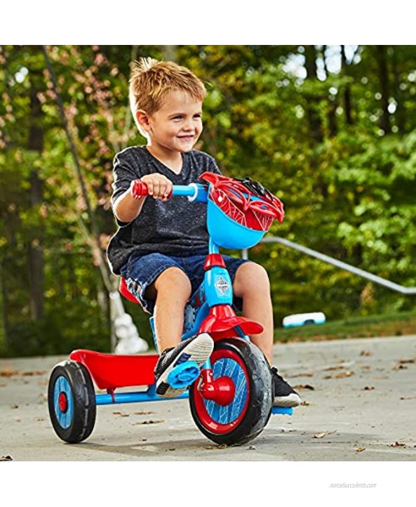 Huffy Marvel Spider-Man 3 Wheel Preschool Training Tricycle with Steel Frame Storage Basket Plastic Pedals and Handlebar Grips for Toddlers Red