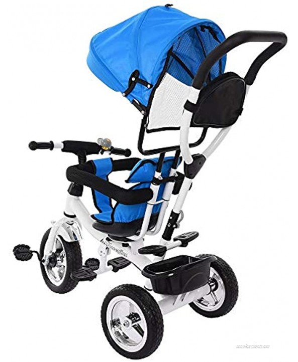 [US Stock] Kids Tricycle 4 in 1 Stroll Trike with Adjustable Push Handle Removable Canopy Retractable Foot Plate Lockable Pedal Detachable Guardrail Suitable for 6 Months to 6 Years
