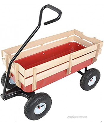 All Terrain Cargo Wagon with Wood Railing Kids Children Pull-Along Wagon Garden Air Tires Outdoor Red