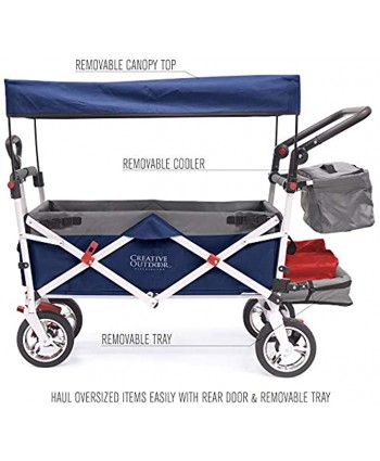 Creative Outdoor Push Pull Collapsible Folding Wagon | Silver Series Plus | Beach Park Garden & Tailgate | Navy Blue with Canopy
