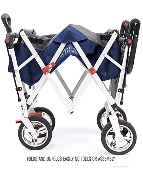 Creative Outdoor Push Pull Collapsible Folding Wagon | Silver Series Plus | Beach Park Garden & Tailgate | Navy Blue with Canopy