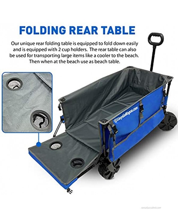 EasyGoProducts Big Wheel Utility Cart with Rear Table and Side Umbrella Holders-Heavy Duty Deluxe Folding Beach Wagon Blue