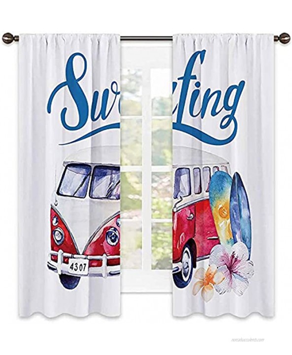 Surfboard Decor Collection Energy-Saving and Noise-reducing Beach Holiday Tropical Travel Adventure Surfing Time Wagon Bus Shell and Flower Image Soundproof Shade W42 x L72 Inch Red Blue