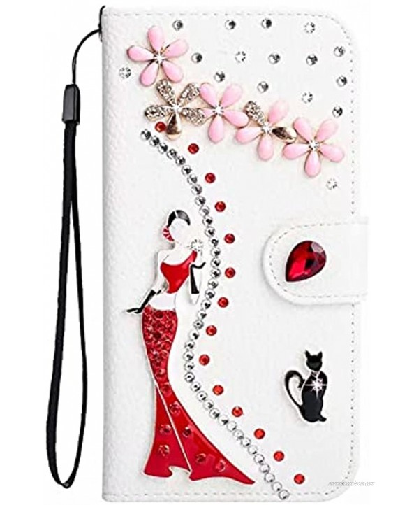 White Leather Diamond Strap Case for Samsung Galaxy A02S,Herzzer Stylish 3D Handmade Bling Glitter Soft Silicone Stand Wallet Flip Case,Red Dress Girl